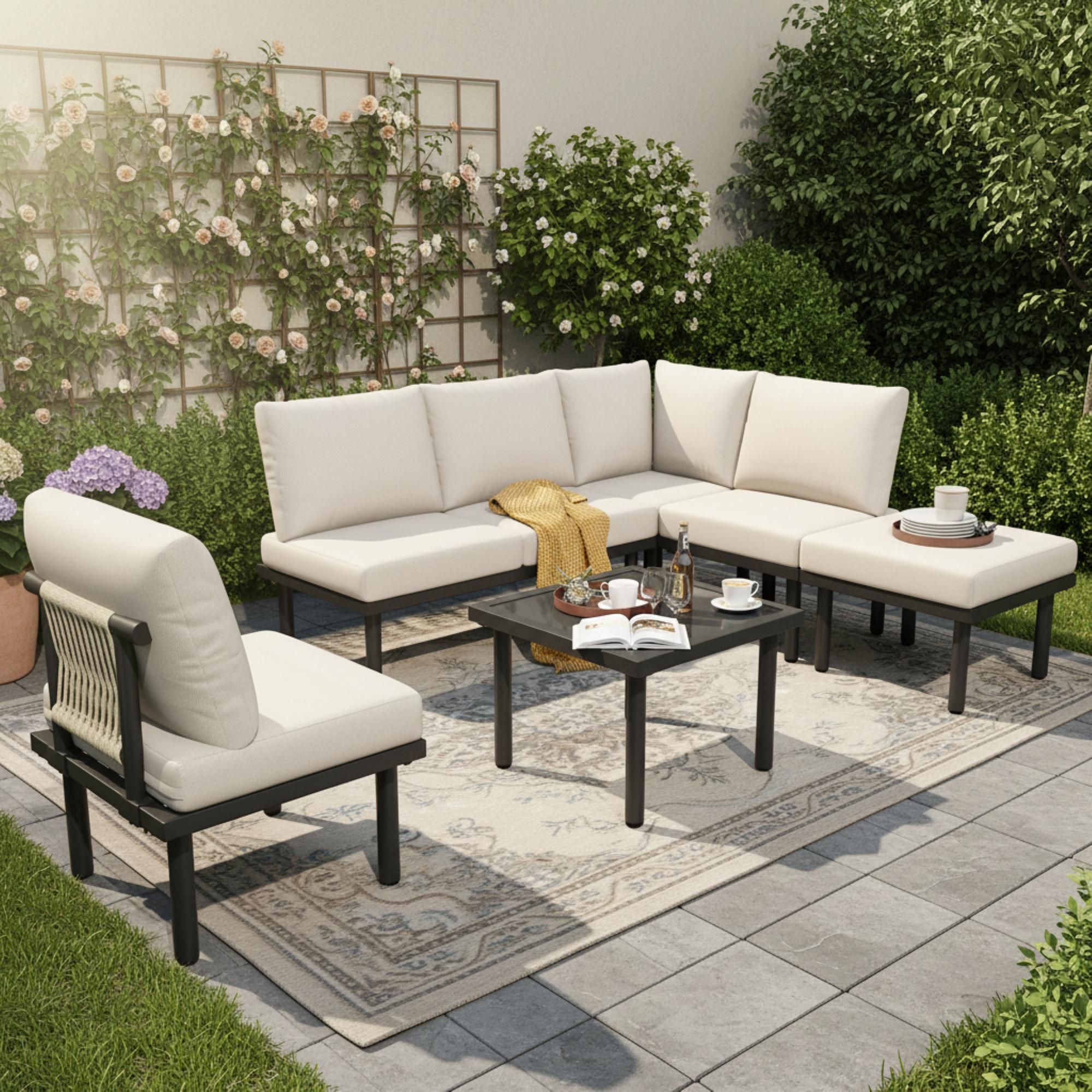 Flieks Gartenlounge Set 6 Sitzer, Gartenmöbelsets mit Eisenrahmen, Gartentisch mit Gartensofa für 6 Personen, Terassenmöbel Balkonmöbel Set, Beige