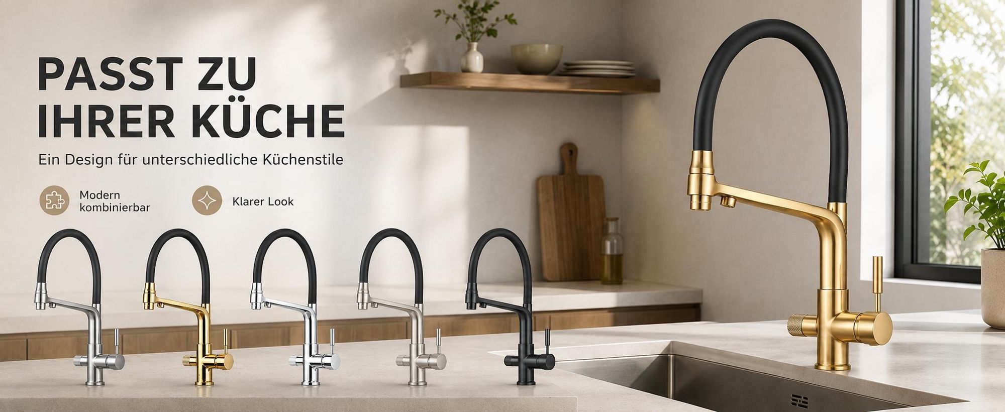 3-Wege Küchenarmatur Flexible mit Wasserfilter-Anschluss, herausziehbare Brause, 360° schwenkbar, getrennte Wasserwege, Keramikkartusche Gold