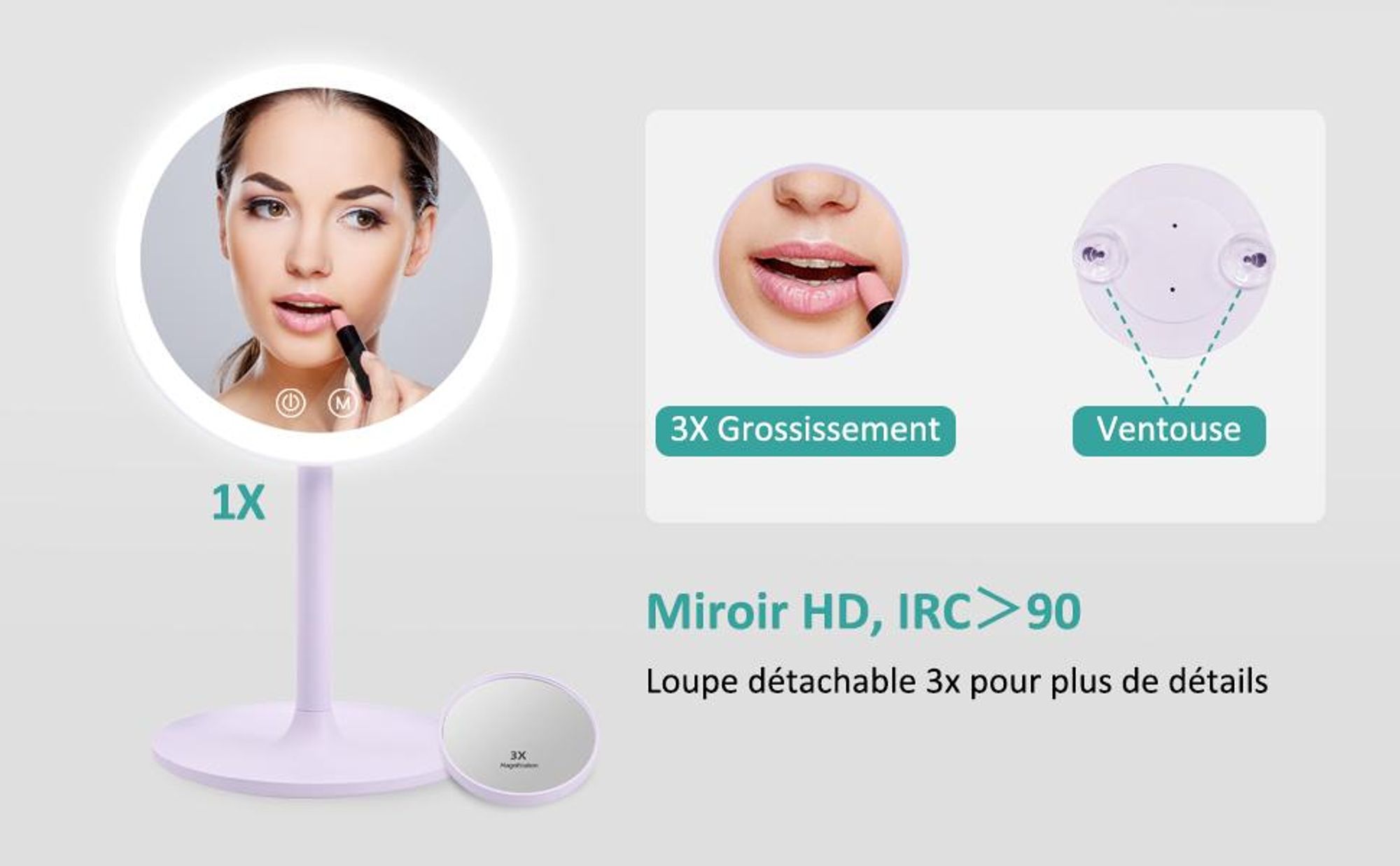 EMKE Miroir cosmétique LED avec 3 couleurs de lumière, grossissement 1/3x, interrupteur tactile et fonction mémoire, loupe pour miroir de salle de bain(Violet)