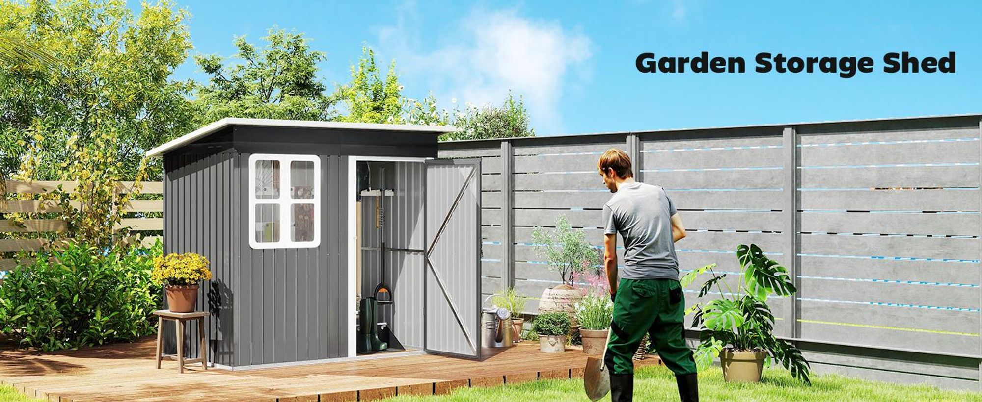 Szopa ogrodowa Outsunny 2,55 m², szopa ogrodowa ze spadzistym dachem, 221 x 133 x 190/173 cm, domek narzędziowy z zamykanymi drzwiami, oknem, garaż na rowery, stalowa szafka ogrodowa, do ogrodu, na podwórko, ciemnoszary