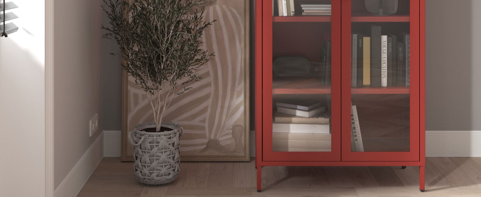 Vitrinenschrank Wohnzimmerschrank mit 4 Fachböden Vitrine Glitzernd Metall Rot