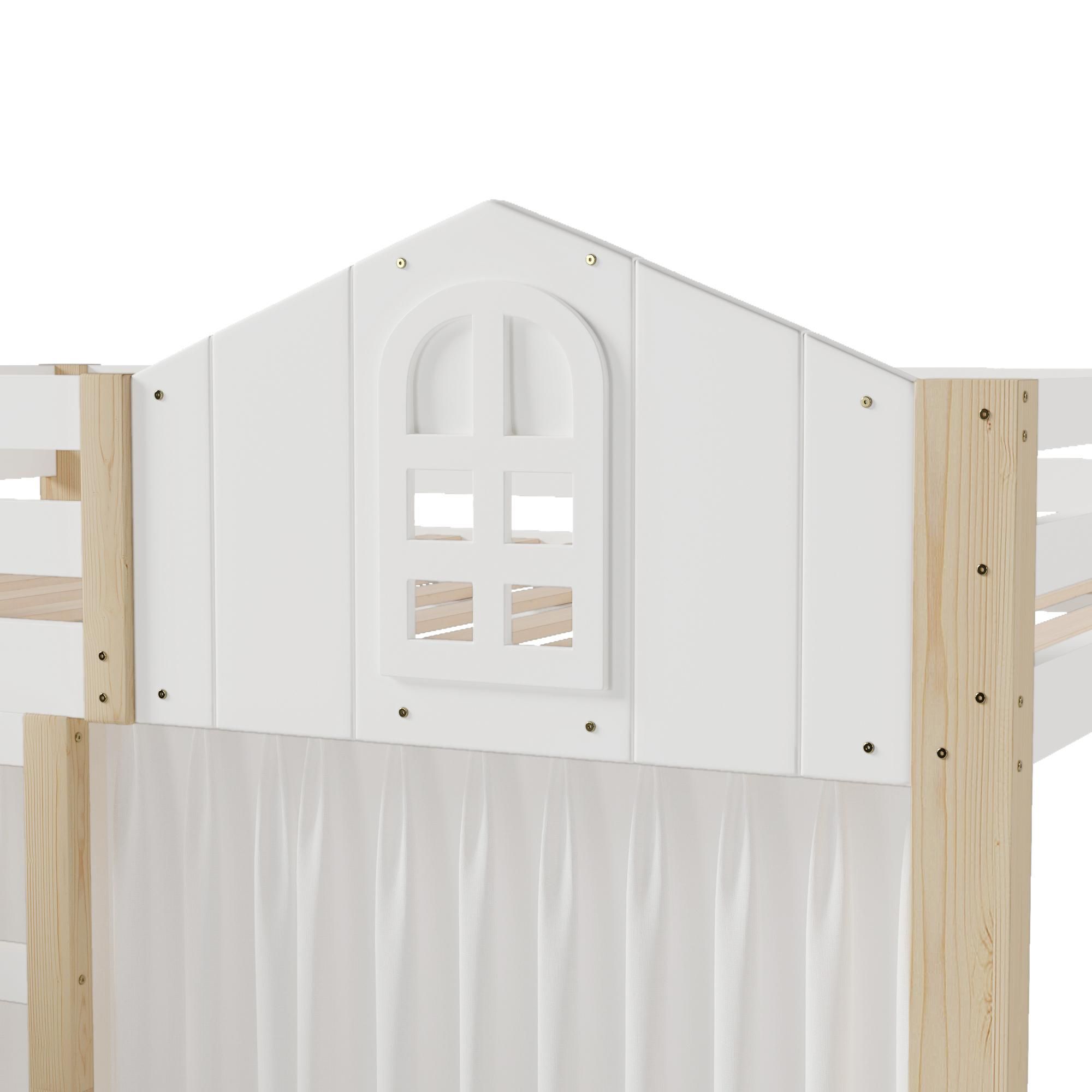 Flieks Etagenbett 140x200cm mit Led, Kinderbett Hausbett mit Bettvorhang, Hochbett Doppelbett mit Lattenrost und Rausfallschutz, Naturbelassen