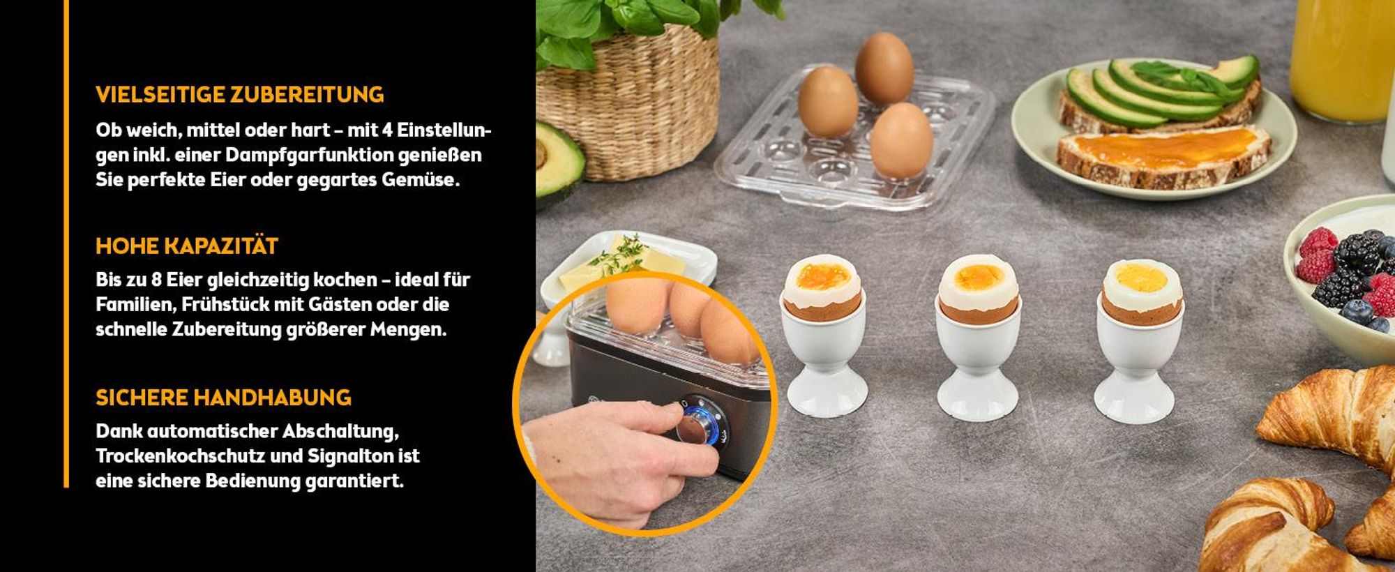 TZS First Austria Eierkocher, 8 Eier, 4 Stufen, Dampfgarfunktion, Abschaltautomatik, Signalton, Zubehör, kompakt, 500W, grau