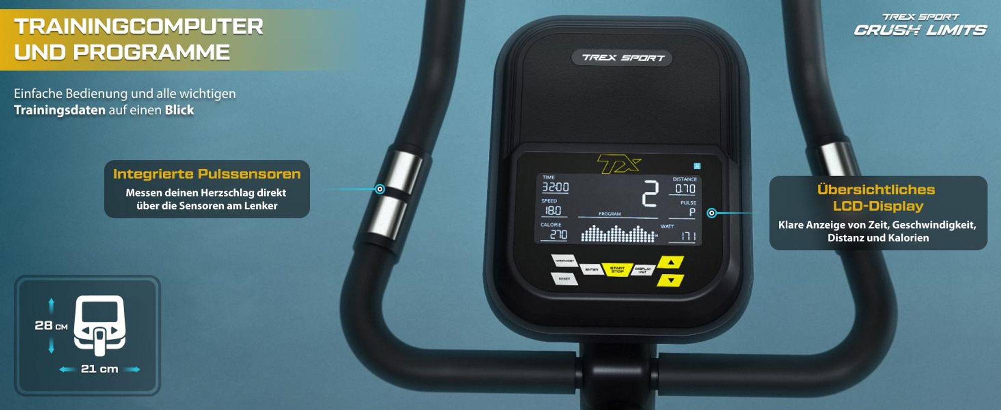 TREX SPORT Heimtrainer Fahrrad TX-750EB SABER | Elektromagnetisches Fitnessbike mit 32-stufigem Widerstand | 21 Programme, ergonomisch, bis 135 kg