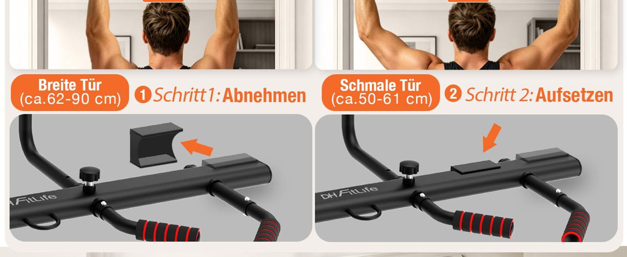DH FitLife Klimmzugstange für Türrahmen verstellbar bis 200 kg 50–90 cm