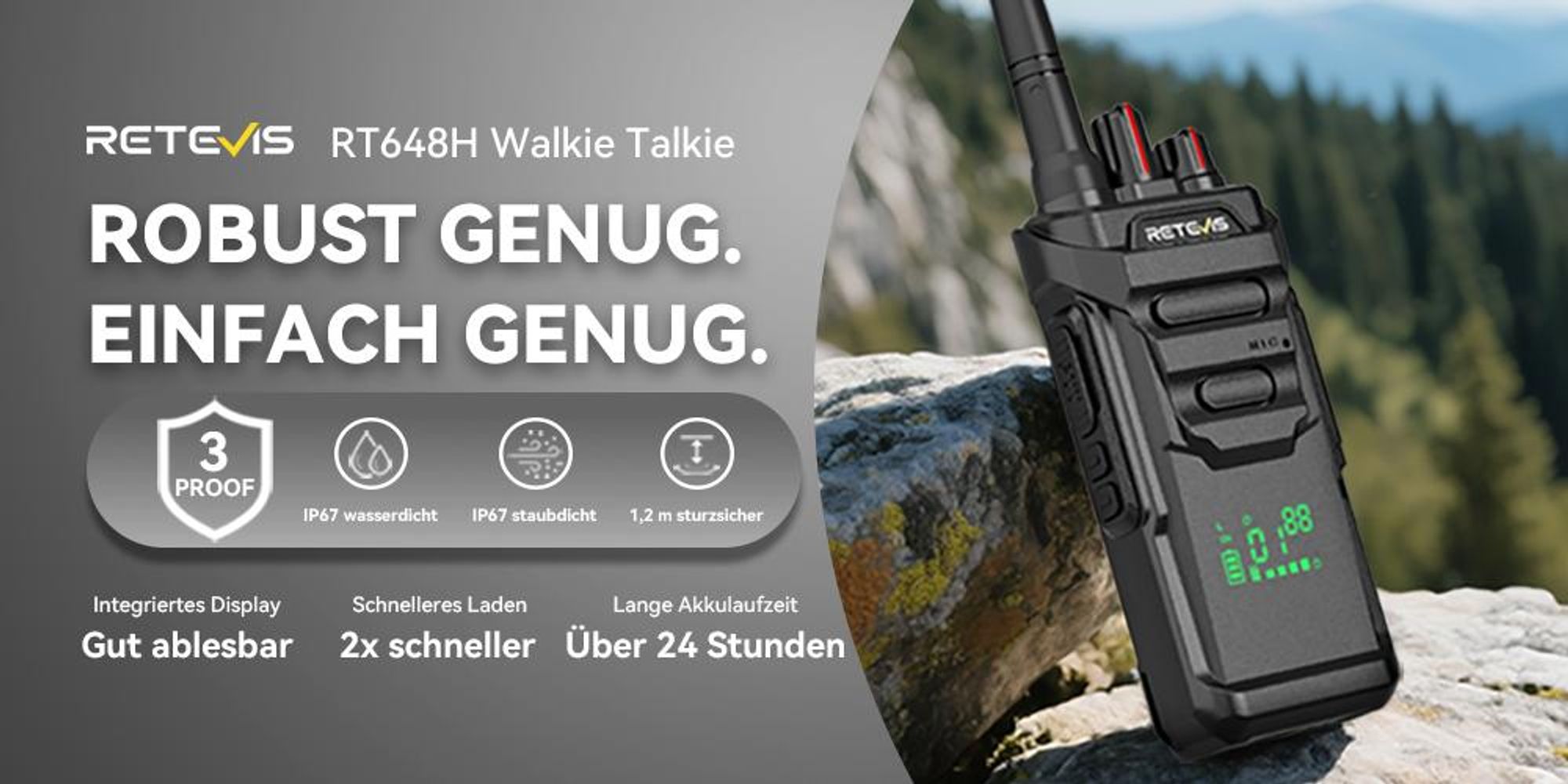 Retevis RT648H Walkie Talkie Wandern, IP67, Integriertes Display, Typ-C/Basisladung, 1500 mAh, Alarm, Funkgerät mit Großer Reichweite für Outdoor