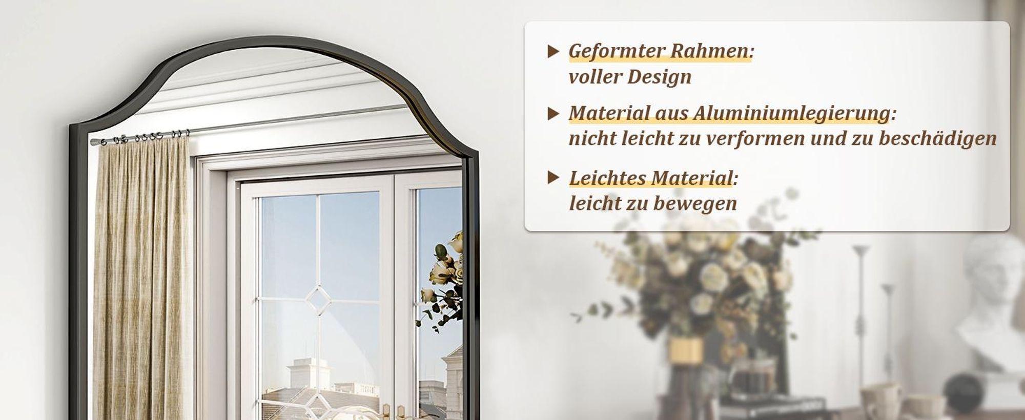 Koonmi Ganzkörperspiegel Bogen 165 x 60 cm Schwarz, stabiler Rahmen, mit Ständer, zum Anlehnen oder Aufhängen, stabiler Rahmen, Sicherheitsglas