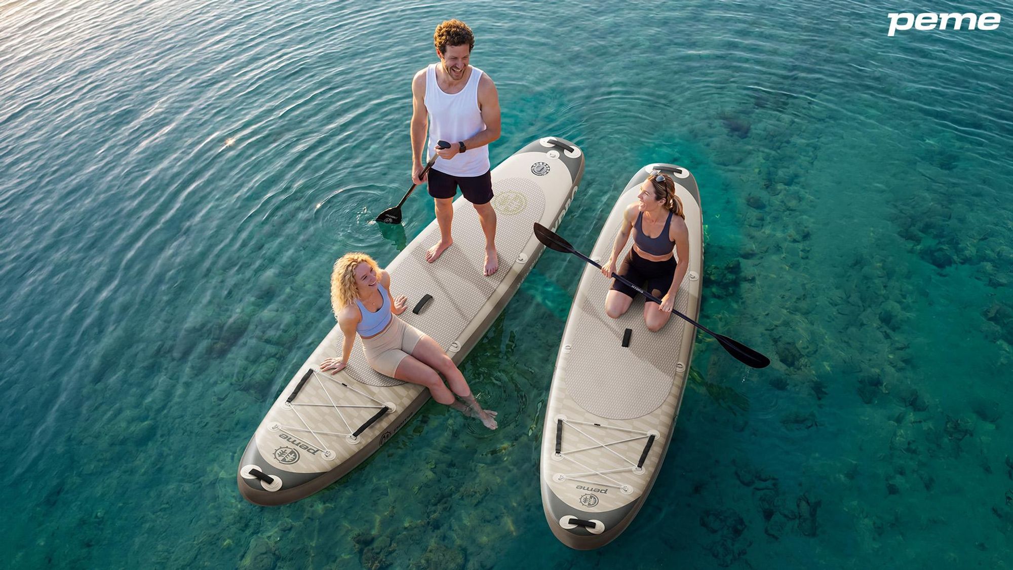 PEME Stand Up Paddle Board - Sand Storm -  350 cm - Dopple Paddel und komplette Zubehöre, SUP, Surfboard aufblasbar- Beige & Schwarz
