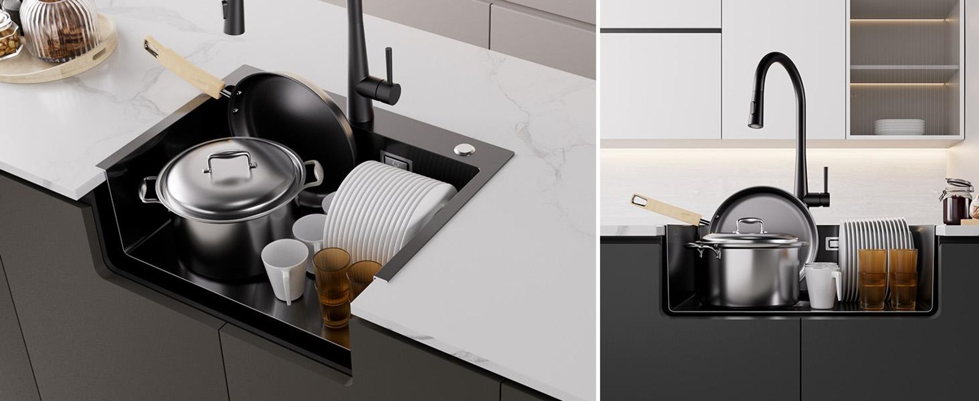 Cecipa MAX Edelstahlspüle 60x45 cm schwarz, Küchenspüle Einbauspüle mit Abtropfkorb, robust, pflegeleicht, für 60er Unterschrank, Modernes Design