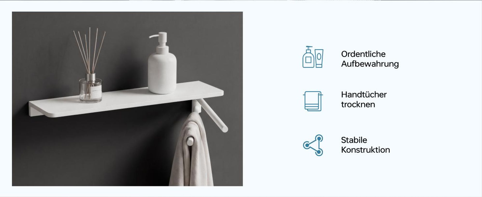 doporro Handtuchhalter Wand mit Ablage, Badezimmer Organizer zum Bohren, 180° schwenkbarer Handtuchstange 2-armig,Badezimmerregal,Weiß Reglo-19