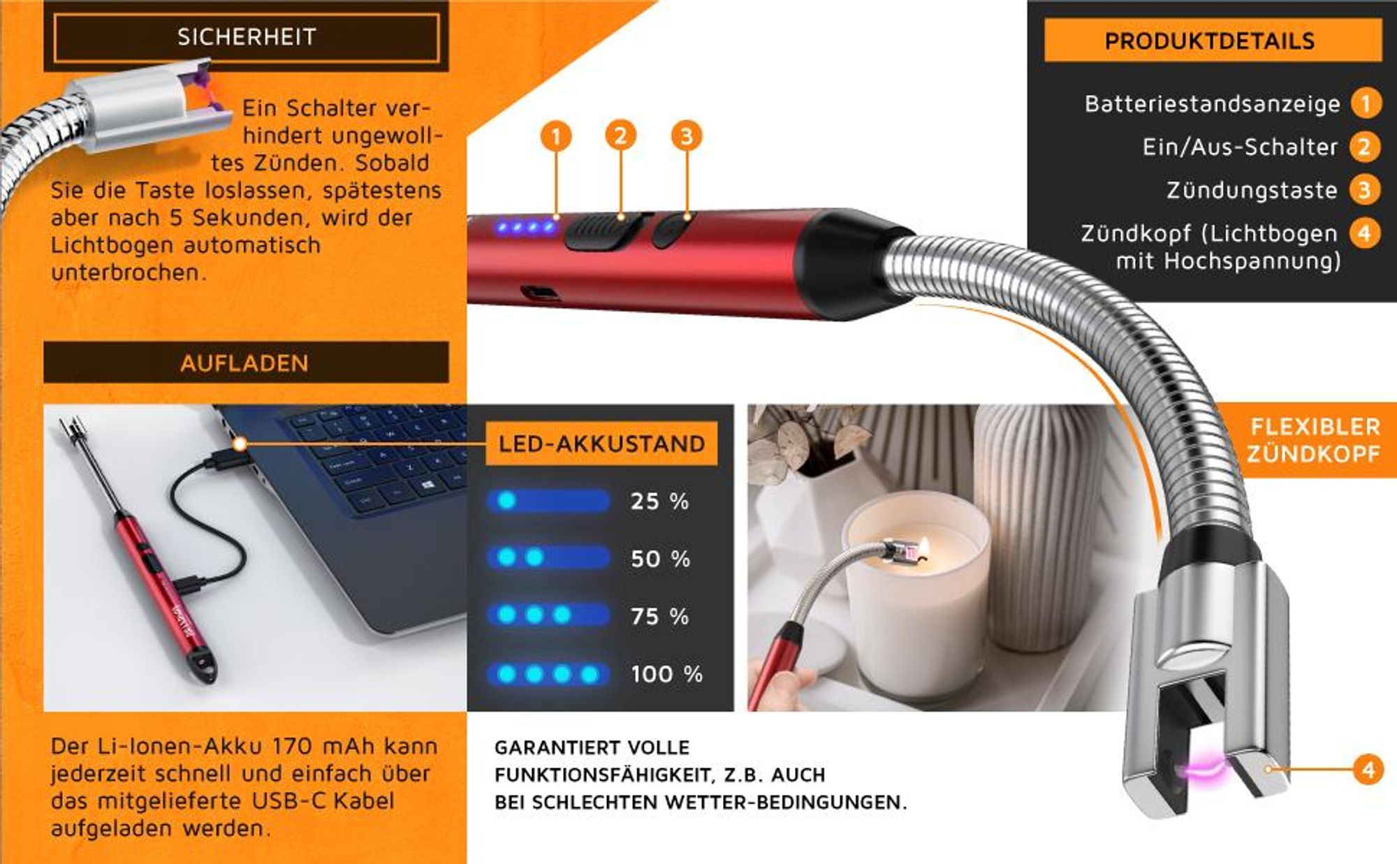 Brandson Lichtbogen-Stabfeuerzeug, Sicherheitsschalter, Akkuanzeige, flexibler Zündkopf