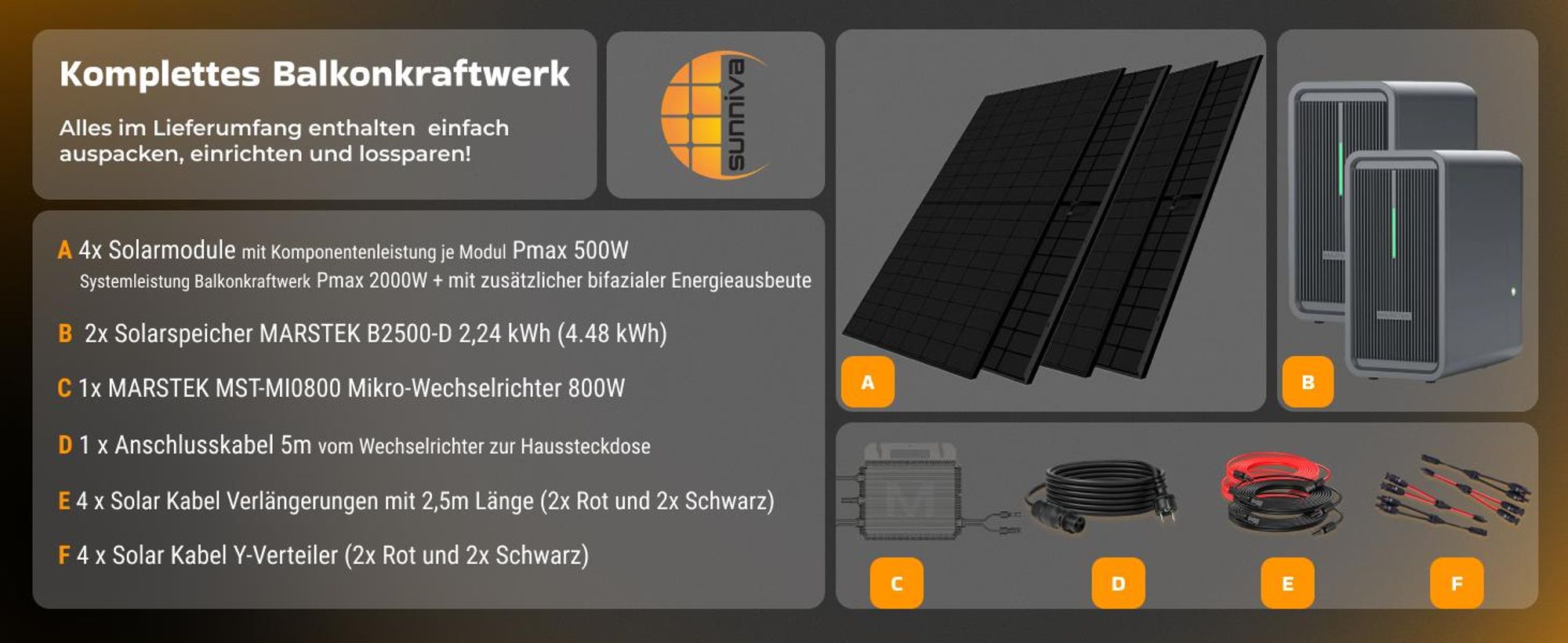 SUNNIVA® 2000W Balkonkraftwerk mit 4.48 kWh Speicher MARSTEK 2x B2500-D, 4x 500W BIFAZIAL FULLBLACK komplett Steckdose, PV Solaranlage + Solarspeicher