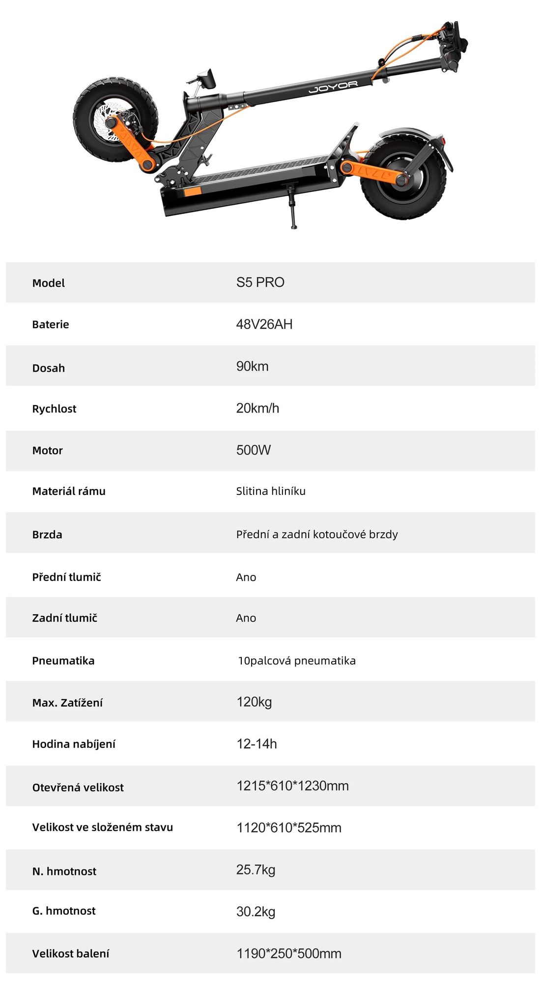 Elektrická Koloběžka JOYOR S5 PRO S Certifikátem ABE - Výkon 500W Baterie 48V26AH Dojezd 55KM Kotoučová Brzda - Černá