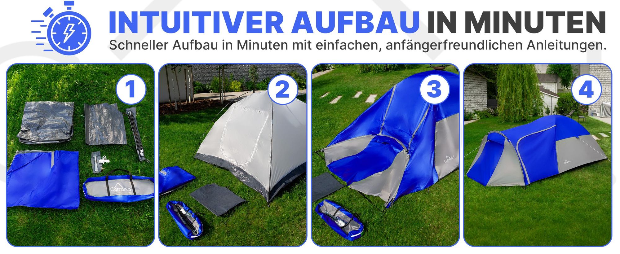 3-Personen Campingzelt Iglu – wasserdicht 3000 mm – mit Vorraum und Moskitonetz – Grau/Blau