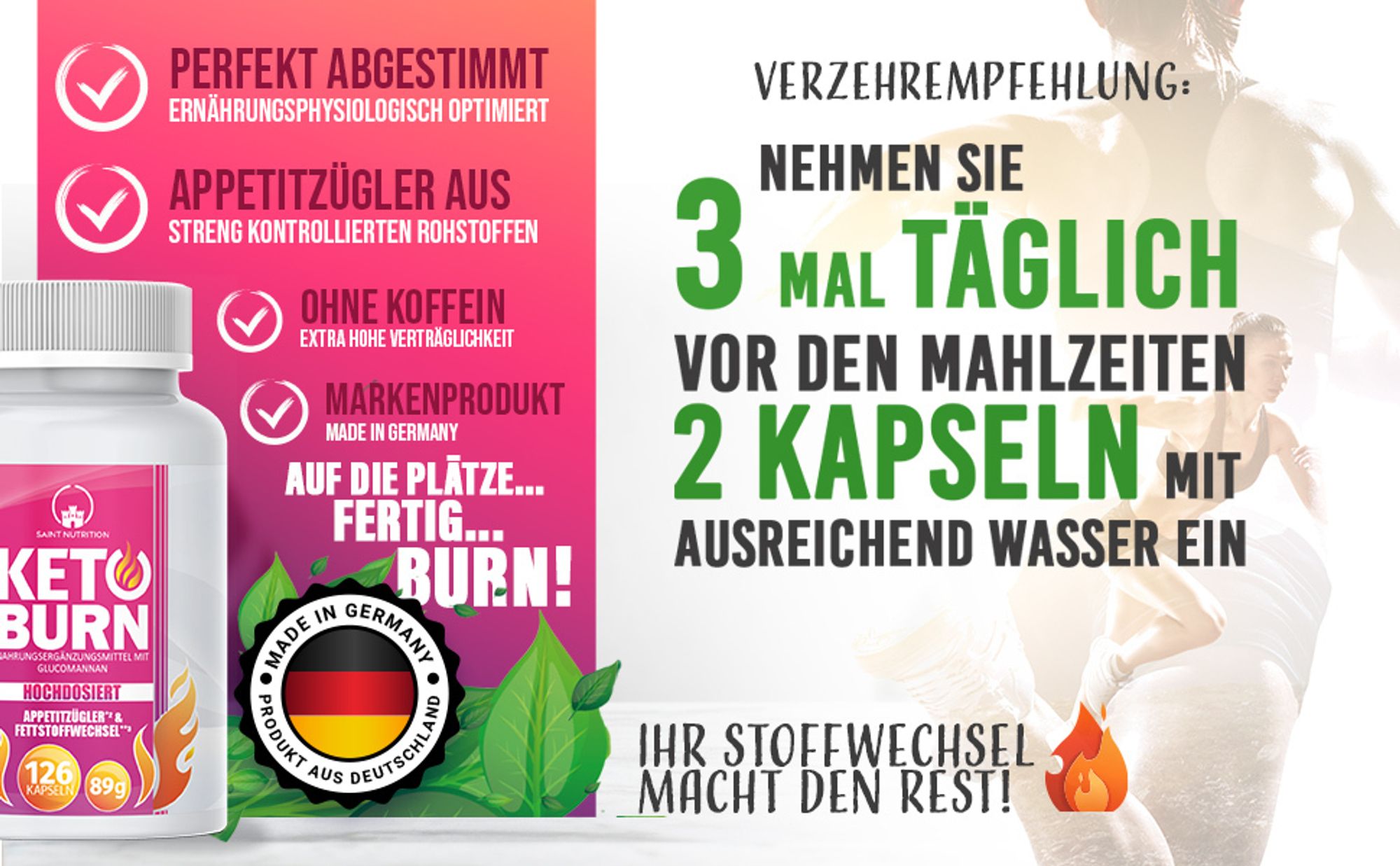 Saint Nutrition® Keto Burn – dein Body Workout – Stoffwechsel aktivieren – Energieniveau erhöhen – für Männer & Frauen