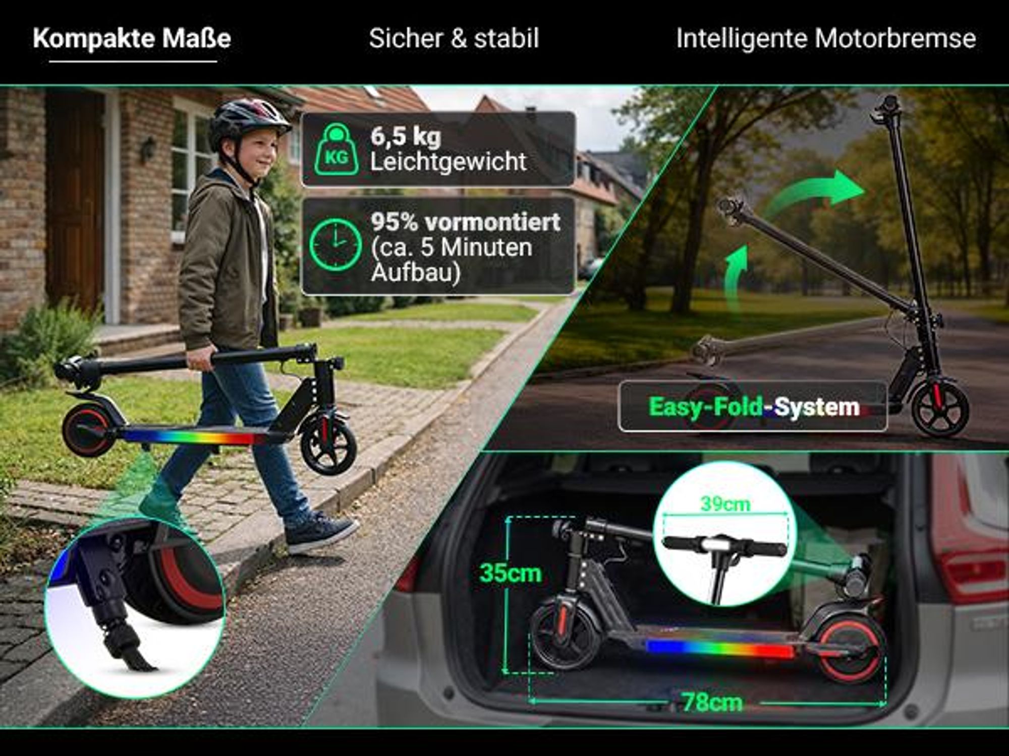 eFlux Kinder Elektroroller K1 | Faltbarer E Scooter - Elektroscooter - LED Display & Beleuchtung - 16 km/h - bis zu 15 km Reichweite - ab 6 Jahre