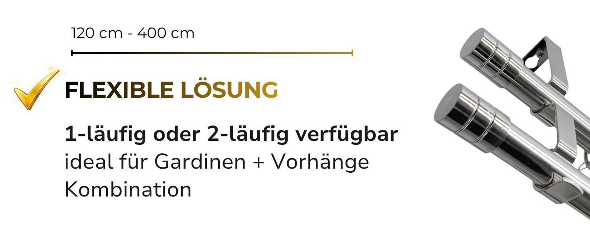 LOFT Doppelte Gardinenstange 19 mm 240 cm Silber Nickel Industrial Stil Vorhangstange 2-läufig Komplettset mit Halterungen Ringen & Montagematerial