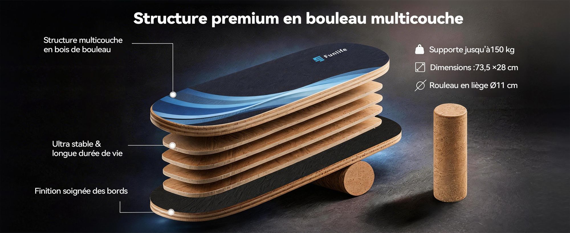 Planche d'équilibre FunLife en bois de bouleau avec rouleau WAVE – Appareil d'entraînement à l'équilibre stable pour le renforcement musculaire, le fitness et l'équilibre, antidérapante et durable