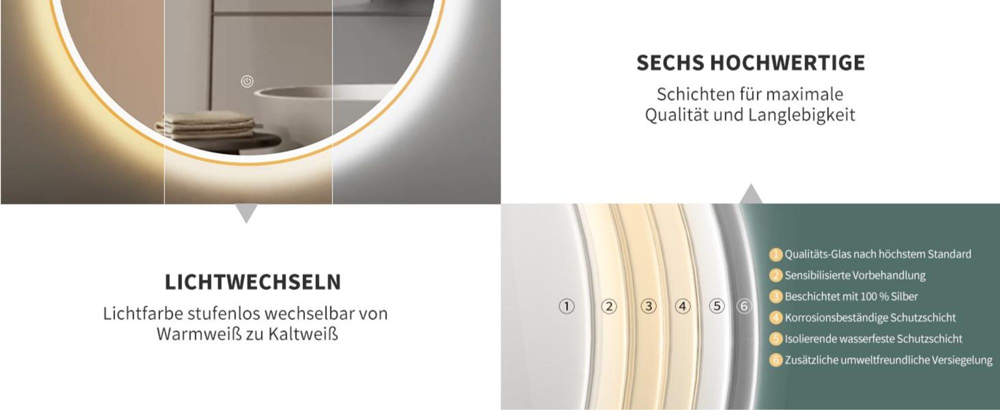 HOKO Design Badspiegel rund 60 cm Riga mit Metall Rahmen Gold. Runder Wandspiegel Energiesparend LED beleuchtet, Touch Schalter,Lichtfarbe Wechsel.