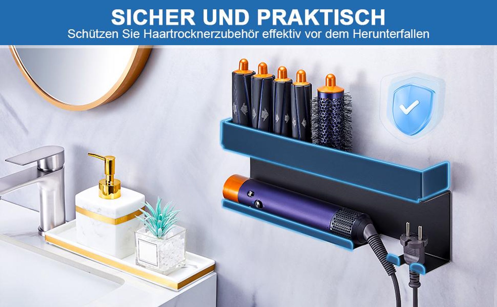 Föhnhalter Wand Ohne Bohren, Föhn und Glätteisen Halterung Für Styler Lockenstab Zubehör, Fönhalterung Wandhalterung, Selbstklebend Haartrocknerhalter