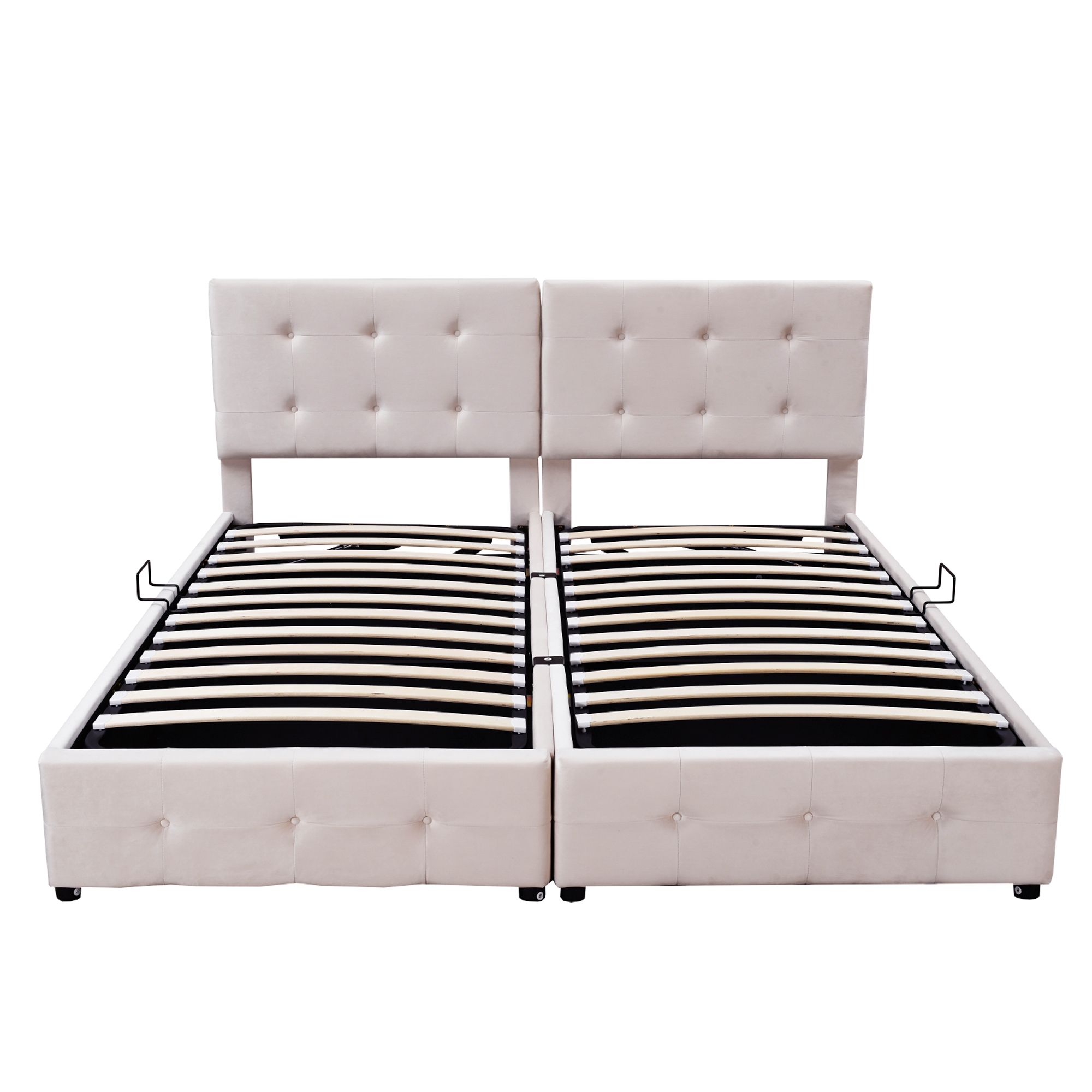 Flieks Hydraulisches Polsterbett 180x200cm mit Stauraum, Boxspringbetten Stauraumbett mit Lattenrost, Jugendbett Doppelbett Kinderbett, Samt, Beige