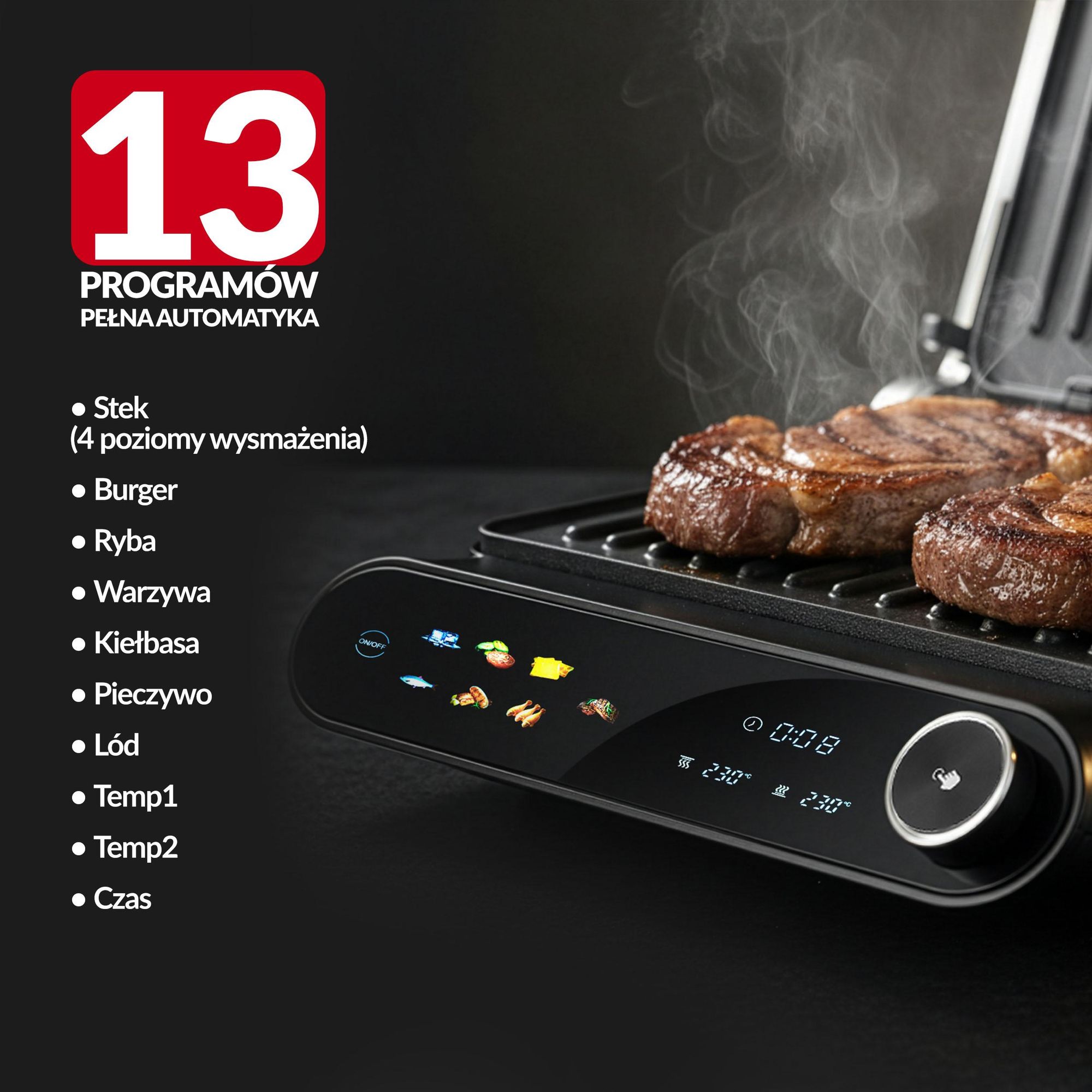 Grill elektryczny LEHMANN ROTTI, opiekacz do Panini, tostów, steków 2200W + programator czasu i temperatury 90 - 230℃, rozkładany, Lehmann LHOEG-2229