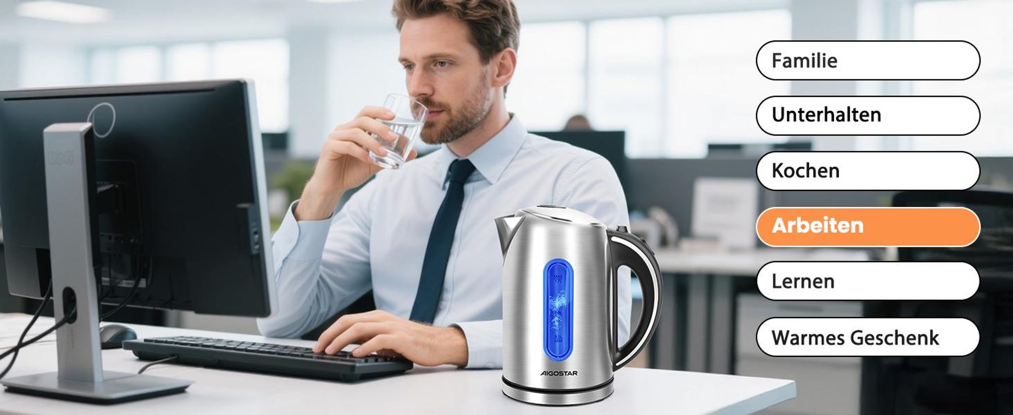 Aigostar - Wasserkocher Edelstahl 1,7L, 2200W, mit Kalkfilter, LED Beleuchtung, Mit Wasserstandsanzeige, Schnelles Kochen, Abschaltautomatik, BPA frei