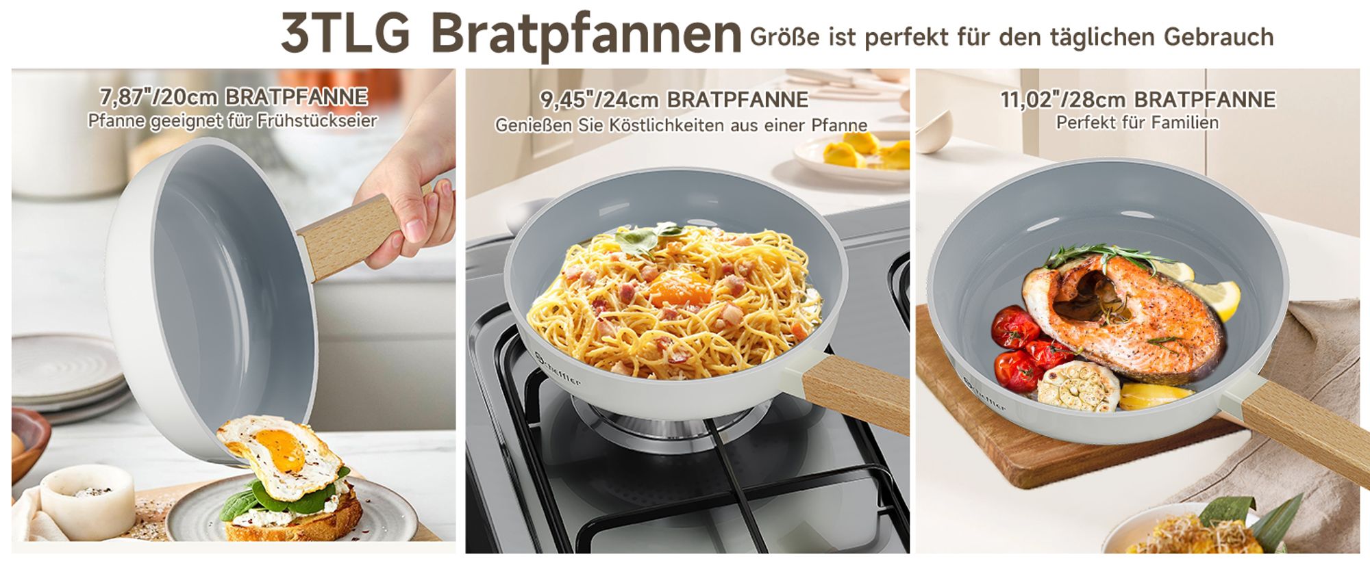Pfannenset 3tlg Bratpfanne 20/24/28cm Pfanne Induktion mit Antihaft-Beschichtung