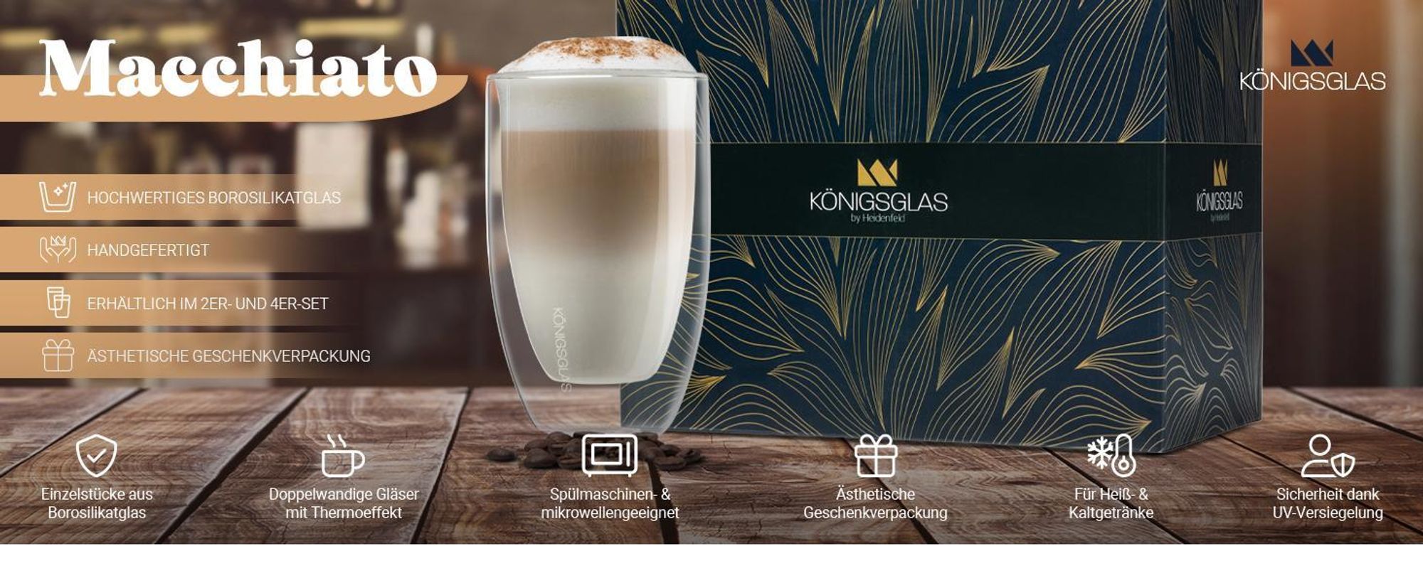 Königsglas Macchiato | 2x300 ml - Latte Macchiato-Gläser Set by Heidenfeld - Doppelwandig - Handgefertigt - Thermogläser - UV-versiegelt (2er Set)