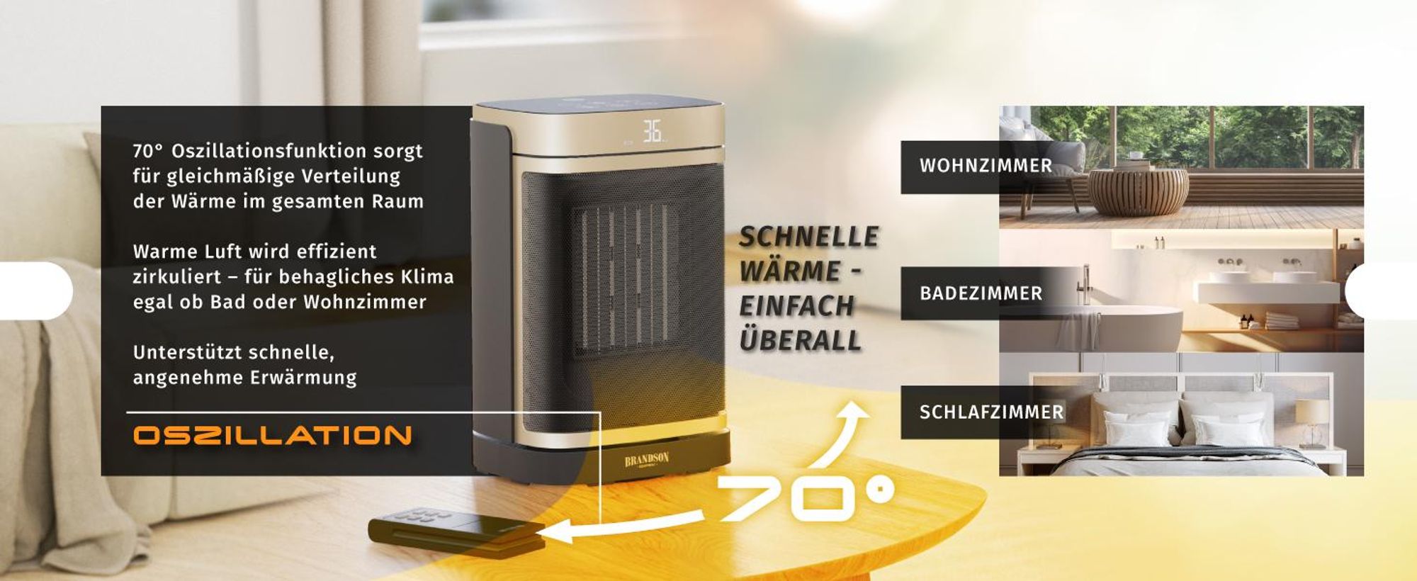 Brandson Heizlüfter energiesparend, Keramik Heizgerät, Oszillation, Timer, Fernbedienung, kompakt, 1500 W, Preisträger 2025, GS , Thermostat, Überhitzungsschutz