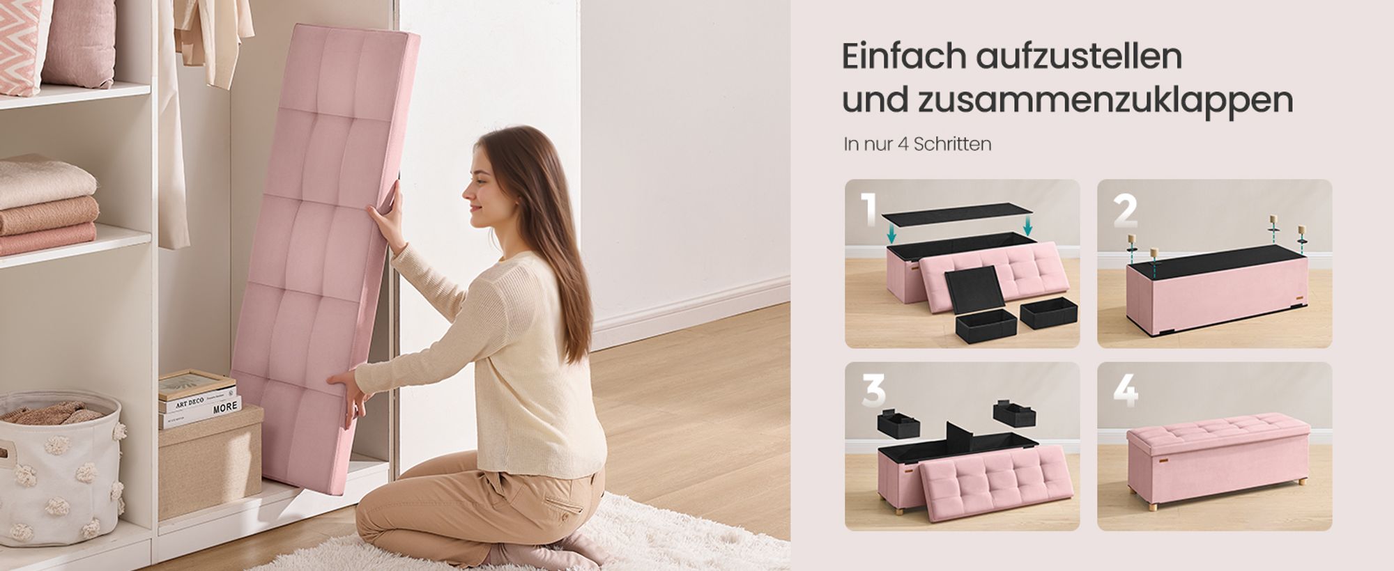 SONGMICS Sitzbank mit Stauraum, Hocker faltbar, 38 x 110 x 40 cm, Aufbewahrungsbox mit Deckel, Fußhocker 112 L, Samt, bis 300 kg belastbar