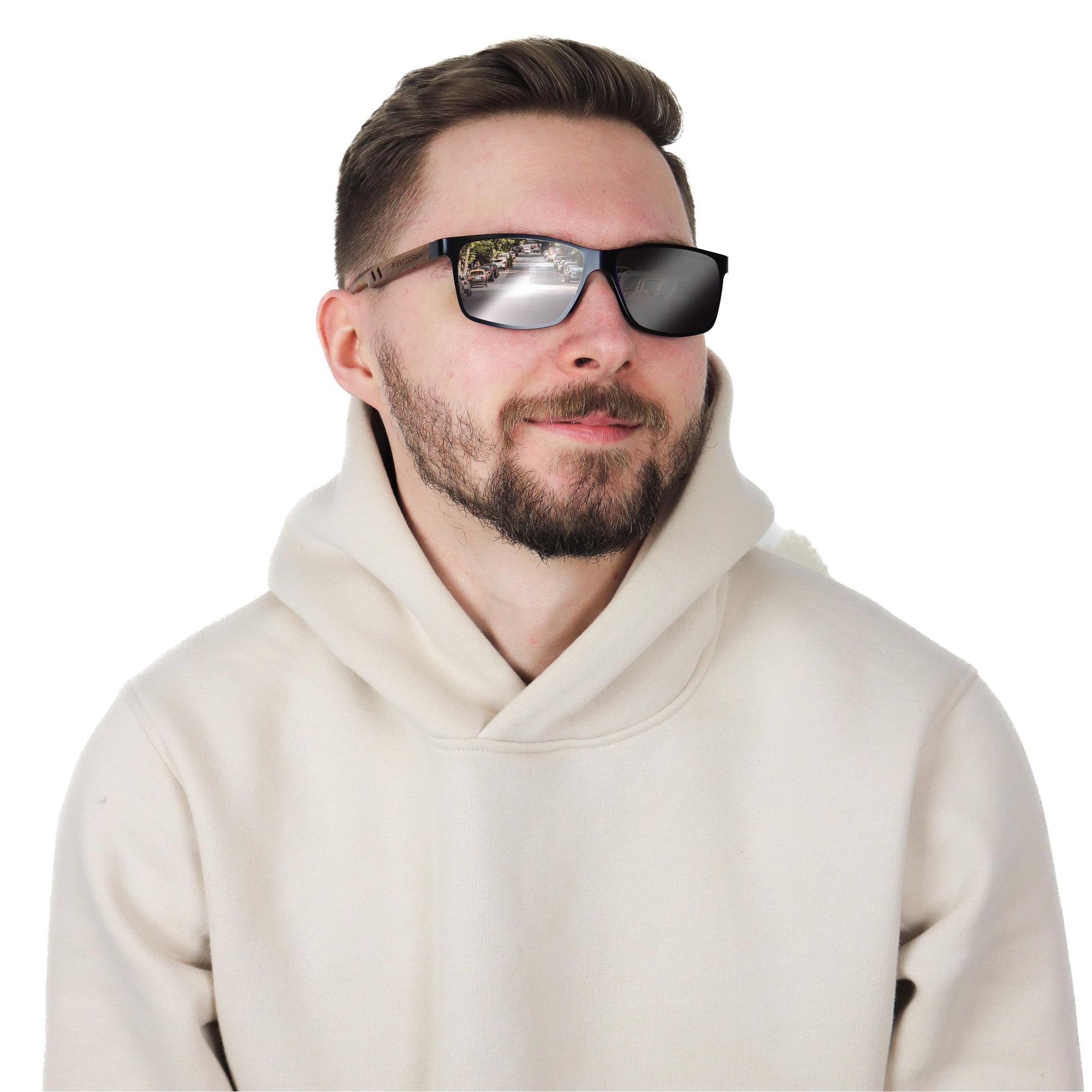 Sonnenbrille Herren Polarisiert UV400, Silber Verspiegelt Holz Sonnenbrille Nerd-Stil, Walnussholz-Bügel inkl. Etui & Zubehör, EVI DESIGN Silver