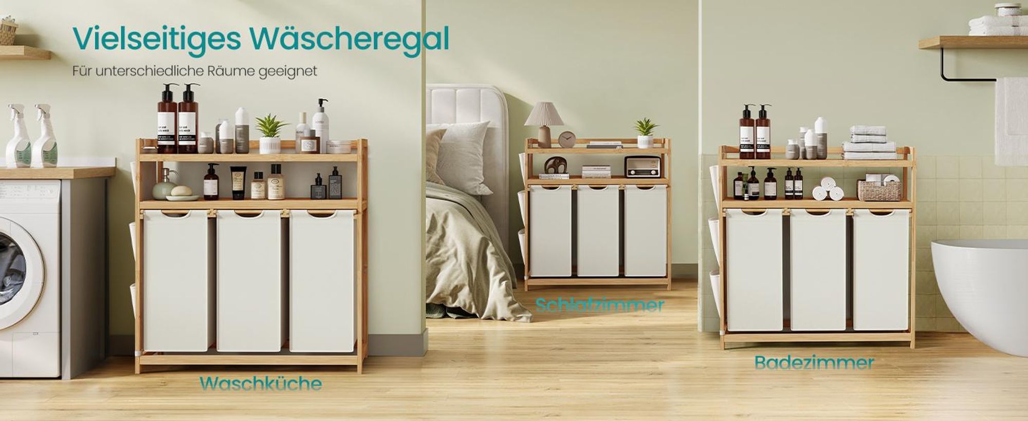 SONGMICS Wäschekorb 3 Fächer, Bambus, Wäschesammler 150 L, Wäschesortierer, mit Ablagen, Wäschesack, kleine seitliche Taschen, Wäscheregal
