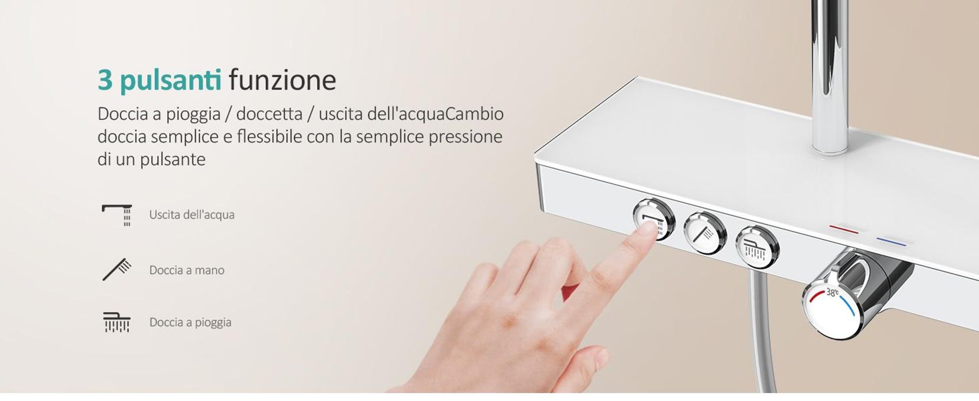 Sistema doccia EMKE con termostatico mensola in vetro doccetta 3 modalità di getto doccia a pioggia, rubinetteria per bagno e doccia, a parete,  KTW, cromo - F09