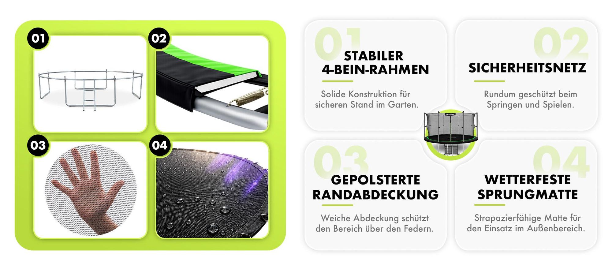 URBOGYM Trampolin JUMPER 14FT Gartentrampolin für Kinder Komplett-Set mit Sicherheitsnetz, Leiter, Randabdeckung, Outdoor, Grün, robust, Ø 435 cm