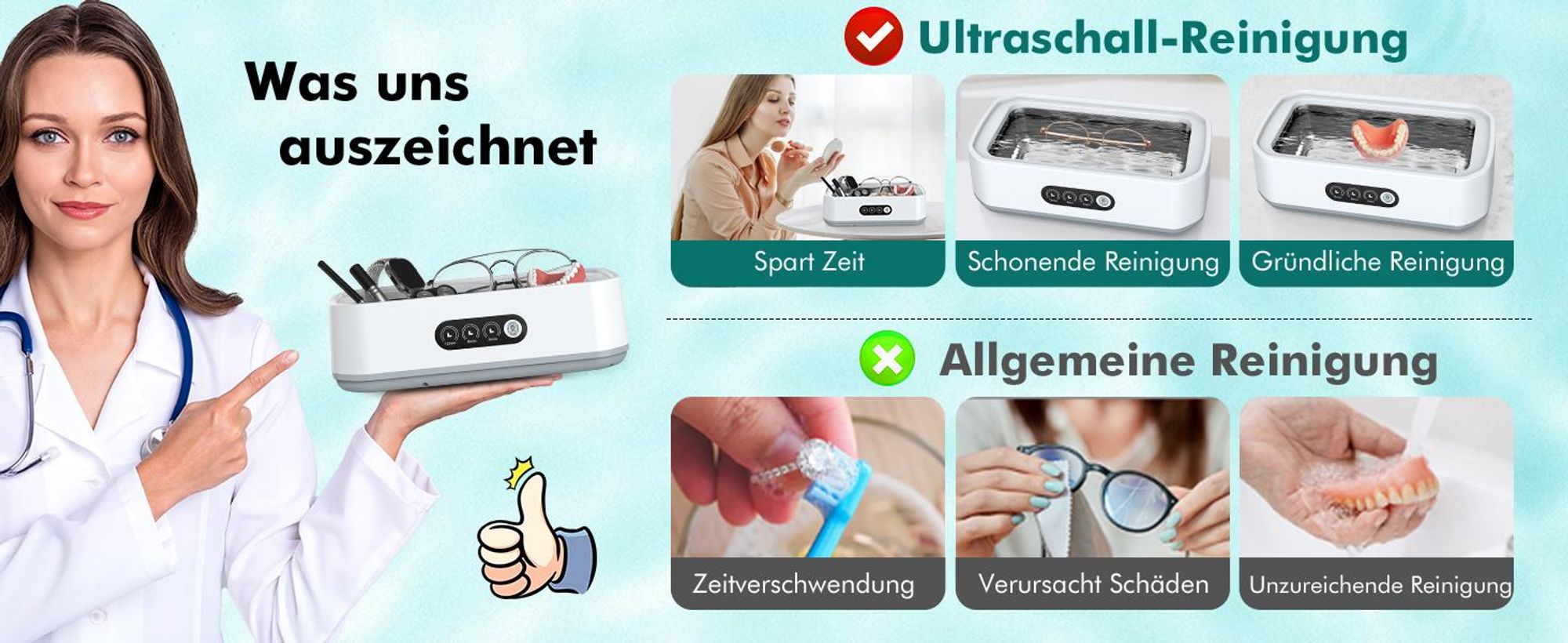 Ultraschallreiniger, Ultraschallreinigungsgerät, 650ml 48.000Hz Ultraschallgerät, 360° Tiefenreinigung, für Gläsern, Schmuck, Zahnersatz