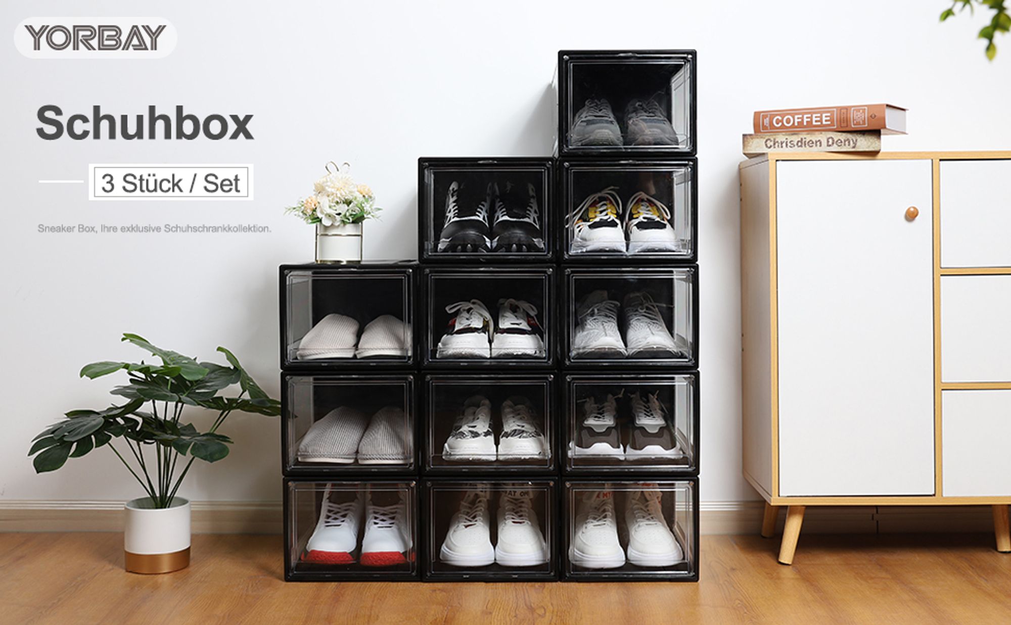 Yorbay Schuhbox, 3er Set, stapelbarer Schuhorganizer, Kunststoffbox mit durchsichtiger Tür, Schuhaufbewahrung, 37 x25,5 x 20 cm, für Schuhe bis Größe 48, Super transparent schwarz