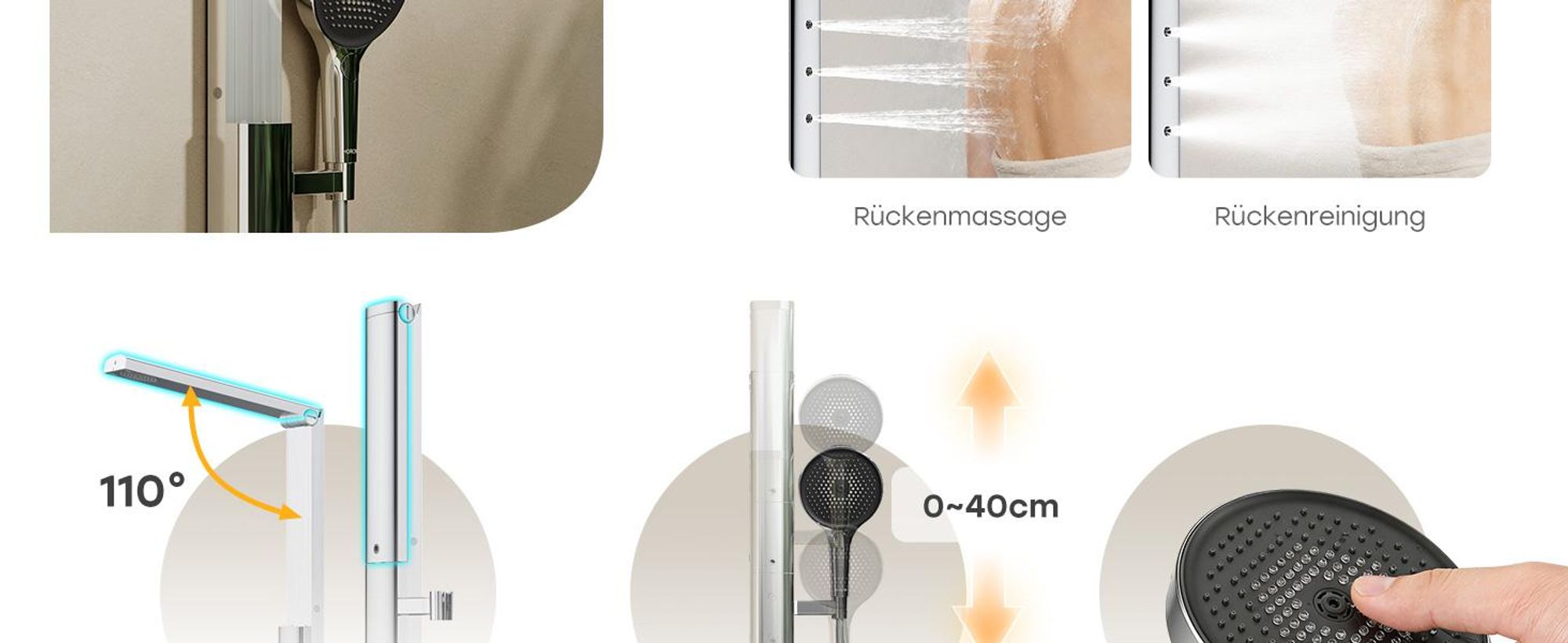 HOROW Regendusche Set mit Thermostatarmatur, Chrom Duschset Duschsystem mit 4 Massage-Modi, Klappbares Duschset, Höhenverstellbar, für Badewannen