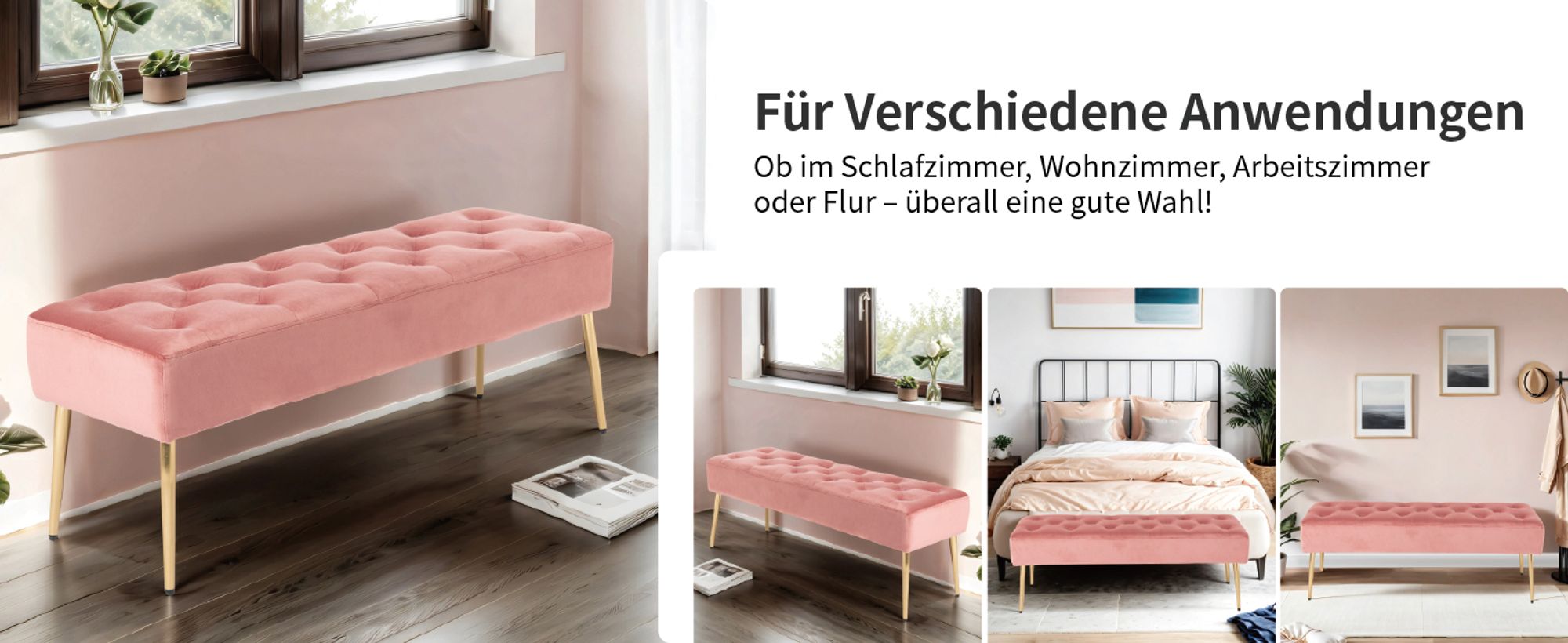 Duhome Sitzbank Polsterbank mit Knöpfen, Schuhbank aus Samt, rechteckig Bettbank mit Metallbeine, Rosa