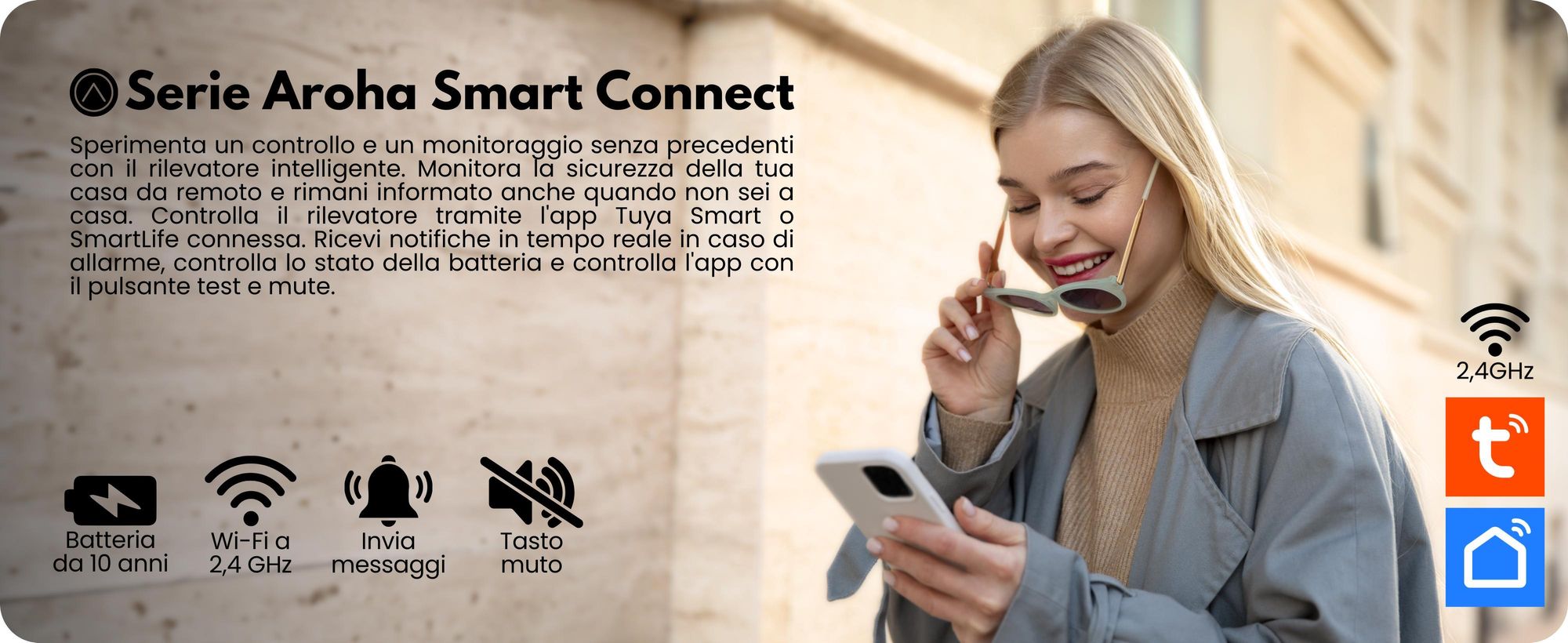 Aroha Smart Connect Rilevatore Monossido di Carbonio WiFi - Batteria da 10 Anni - Allarme Monossido di Carbonio Con Tuya & Smartlife, Portatile