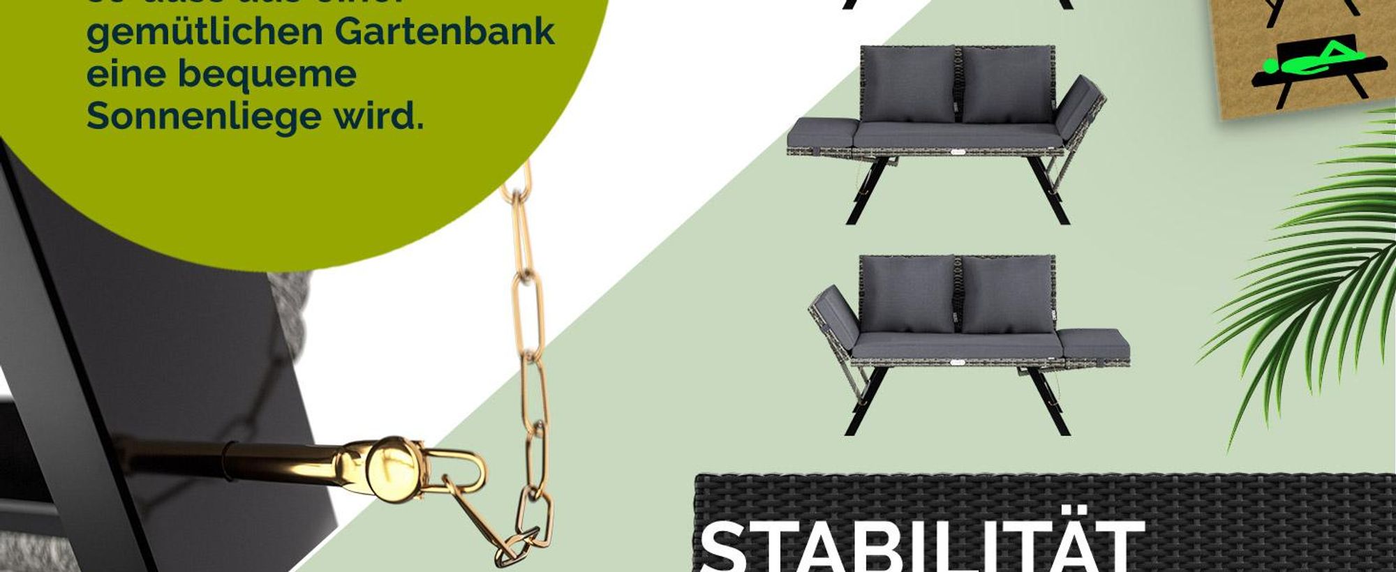 CASARIA® Polyrattan Gartenbank mit Liegefunktion Grau