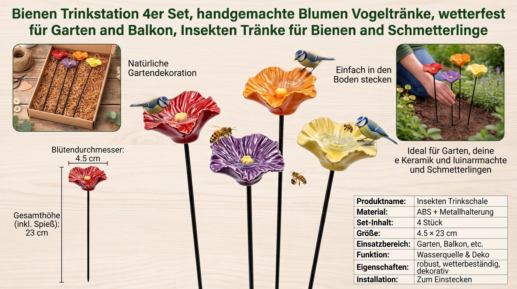 Bienen Trinkstation 4er Set, handgemachte Blumen Vogeltränke, wetterfest für Garten & Balkon, Insekten Tränke für Bienen & Schmetterlinge