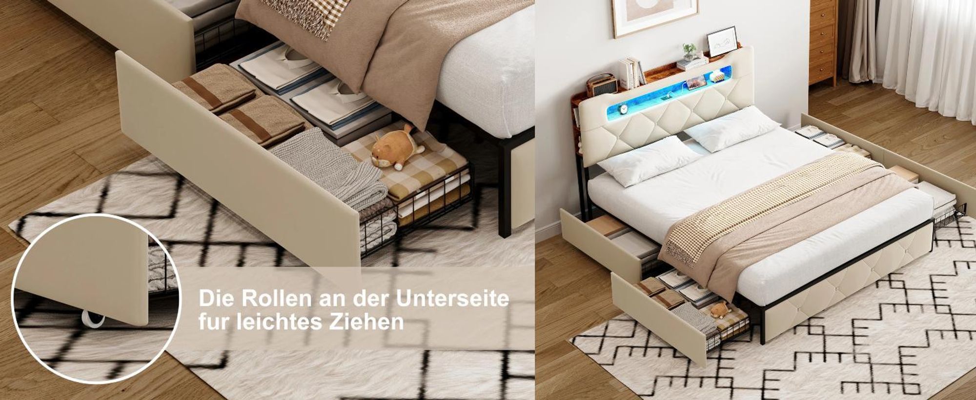 Bett 160 x 200 cm mit LED & USB, gepolstertes Doppelbett mit 4 Schubladen, gepolstertes Bett mit großem Stauraum, bettgestell ,jugendbett ,Beige