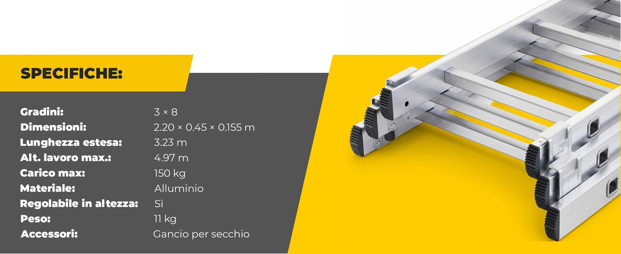 Drabest | Scala Alluminio - 3 Éléments - 3x8 - 150 kg - Antiscivolo - Idéale pour Travaux Domestiques