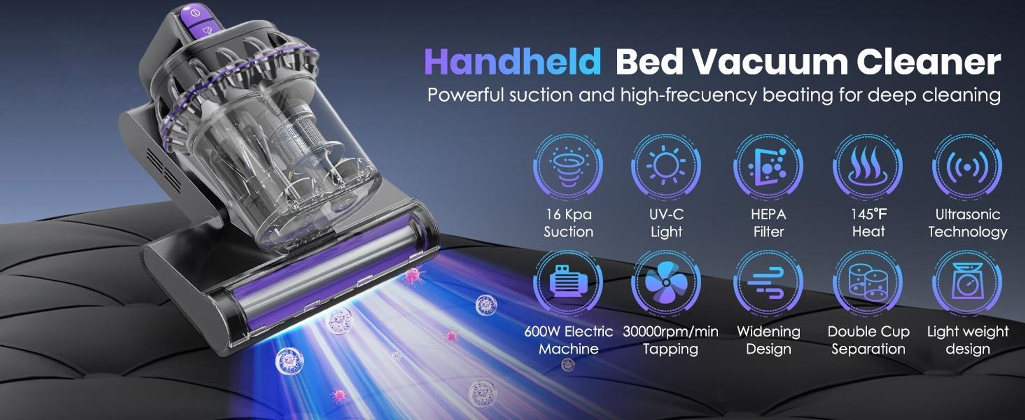 16000 pa Matratzensauger, 600W Bettstaubsauger, 253,7 nm UV-C-Licht, HEPA-Filter und Ultraschall, Digitales Dual Screen, leistungsstarker Staubsauger