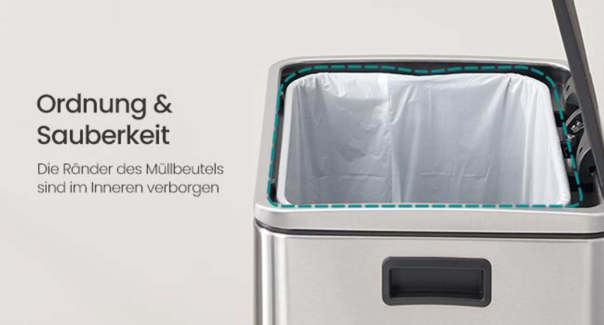 SONGMICS Mülleimer 50 L, 15 Müllsäcke, Edelstahl, herausnehmbarer Inneneimer aus Kunststoff, mit Deckel, Griffe, Softclose, silbern