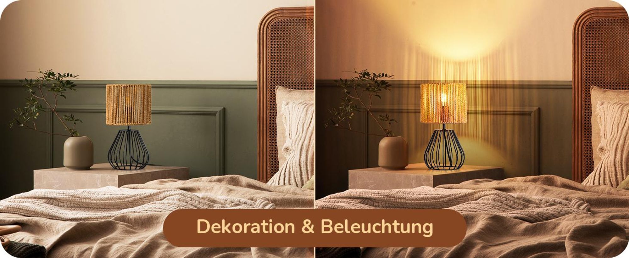 EDISHINE Tischlampe Wohzimmer, Boho Tischlampe mit Papierseil-Schirm, Schwarz