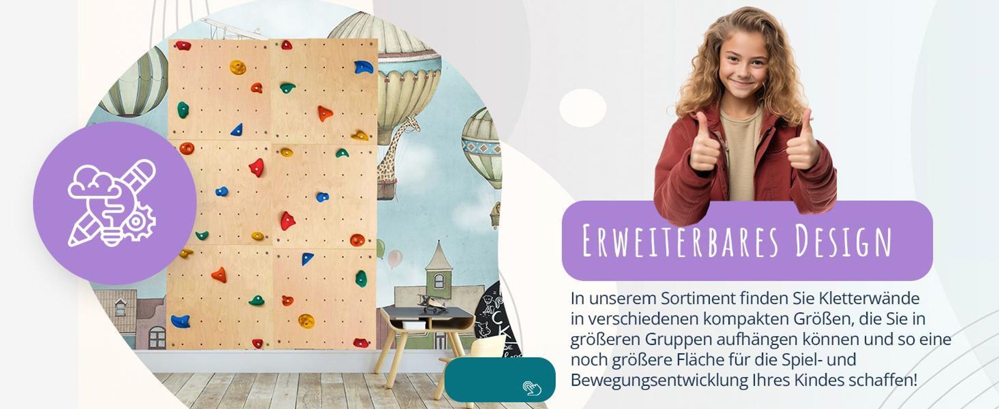 Create for you® - Kletterwand Kinderzimmer + 5 Klettersteine, Indoor, 60x120cm