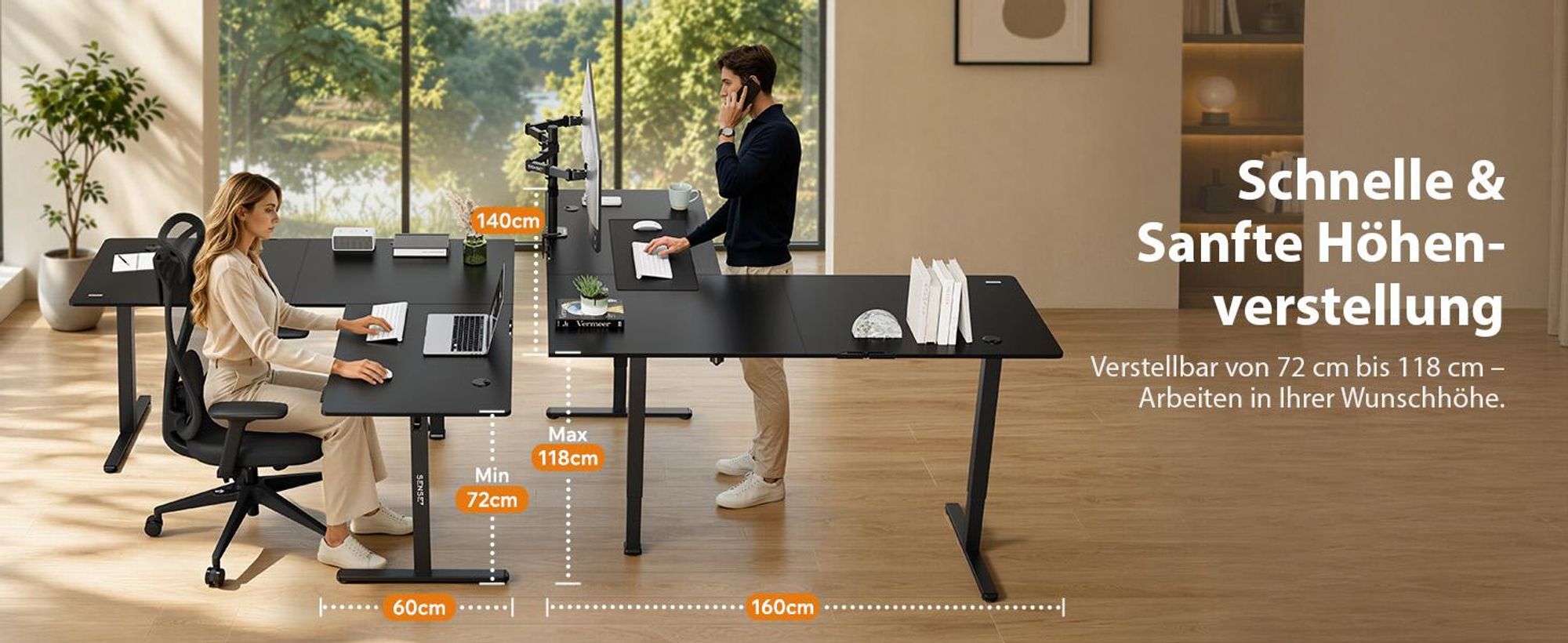 SENSE7 NOJO Light Corner Eckschreibtisch Elektrisch Höhenverstellbar 160x140 L-Form Stehschreibtisch Doppelmotor Memory Tischgestell Schwarz