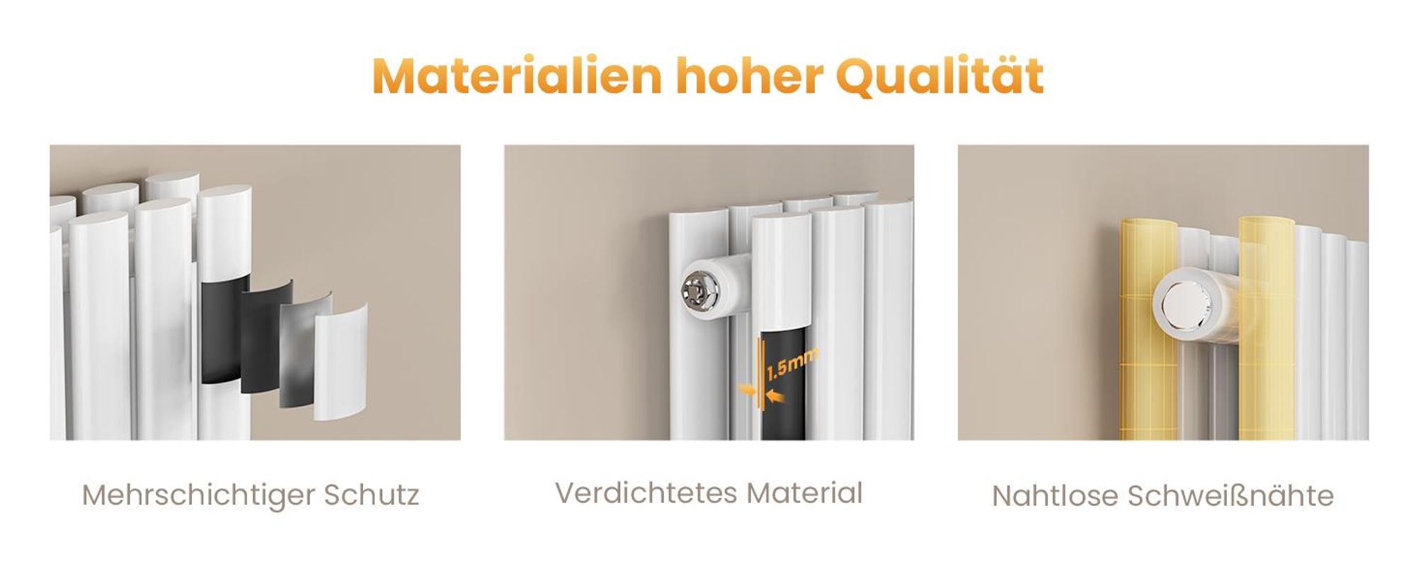 EMKE Design-Röhrenheizkörper für Warmwasserbetrieb Mittelanschluss Vertikal Oval Doppellagig 623 Watt 24cm x 160cm Weiß ohne Heizstab